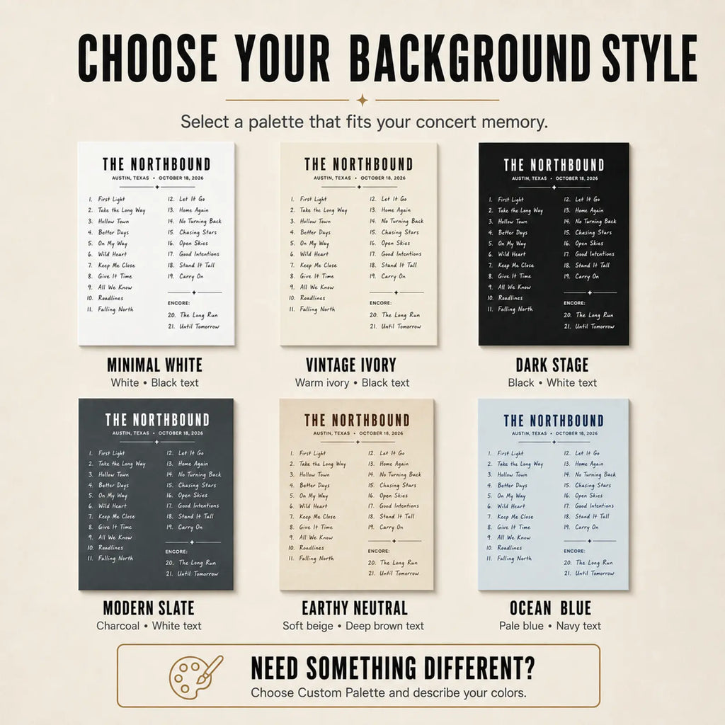 Six custom concert setlist background styles including white ivory black slate beige and pale blue palettes