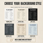 Six custom concert setlist background styles including white ivory black slate beige and pale blue palettes