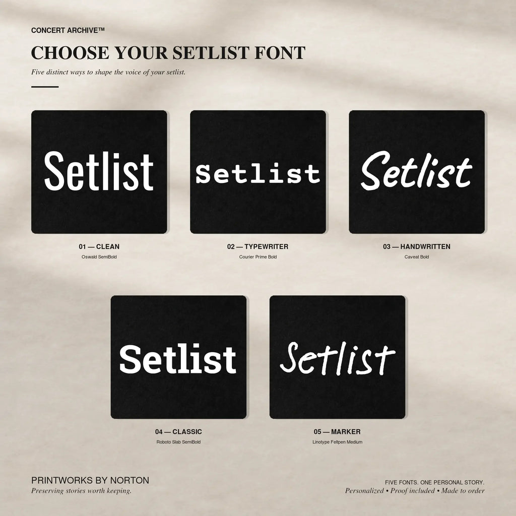 Five Setlist Font options for a custom concert setlist hoodie