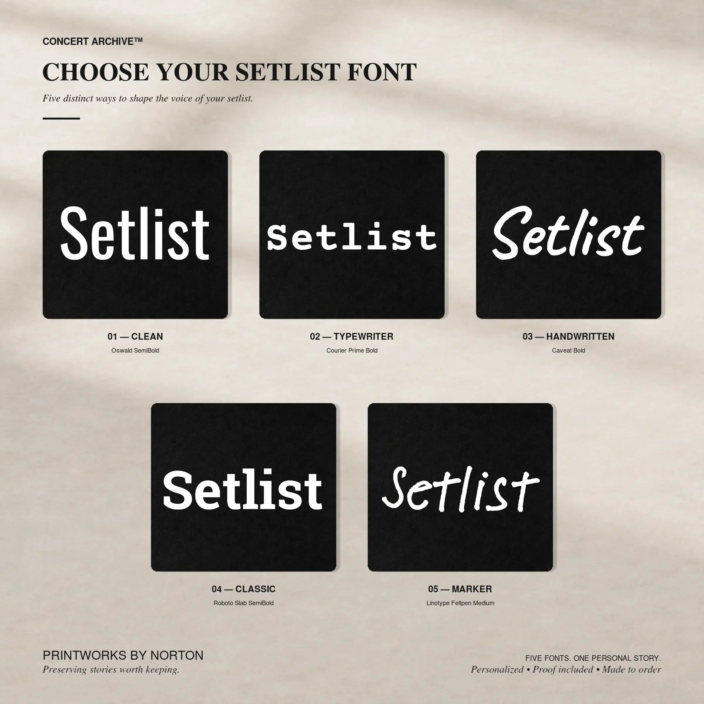 Five Setlist Font options for a custom concert setlist hoodie