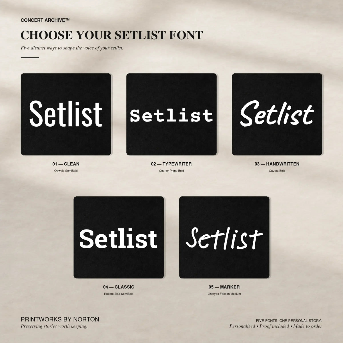 Five Setlist Font options for a custom concert setlist sweatshirt