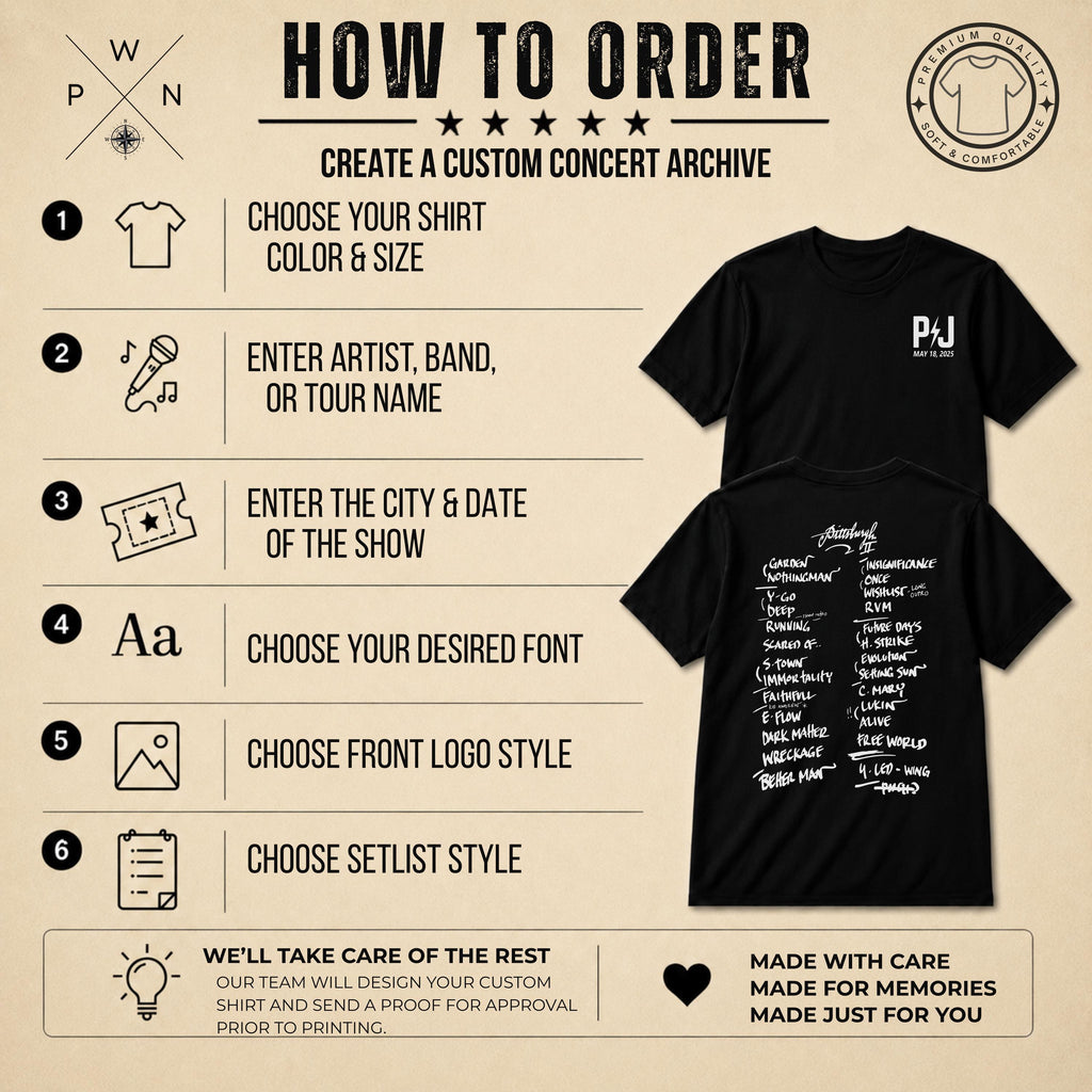 How to order a custom concert setlist hoodie with size, color, artist, date, font, logo and setlist style