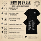 How to order a custom concert setlist hoodie with size, color, artist, date, font, logo and setlist style