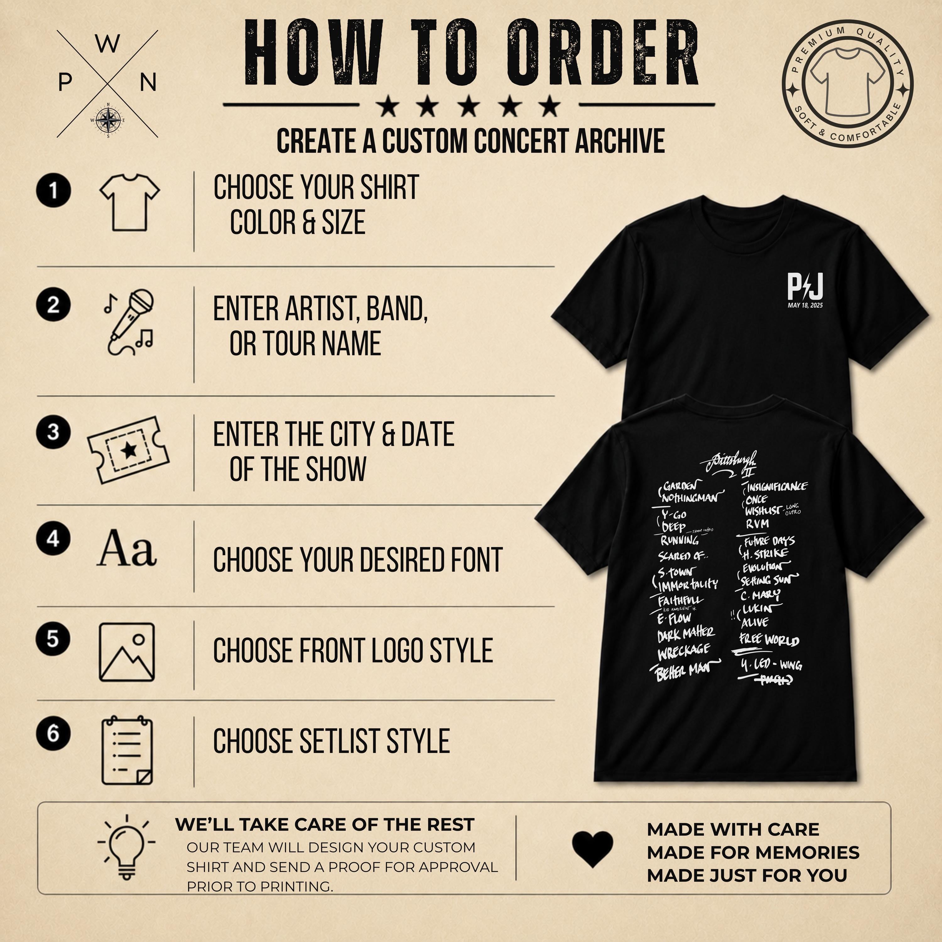 How to order a custom concert setlist hoodie with size, color, artist, date, font, logo and setlist style