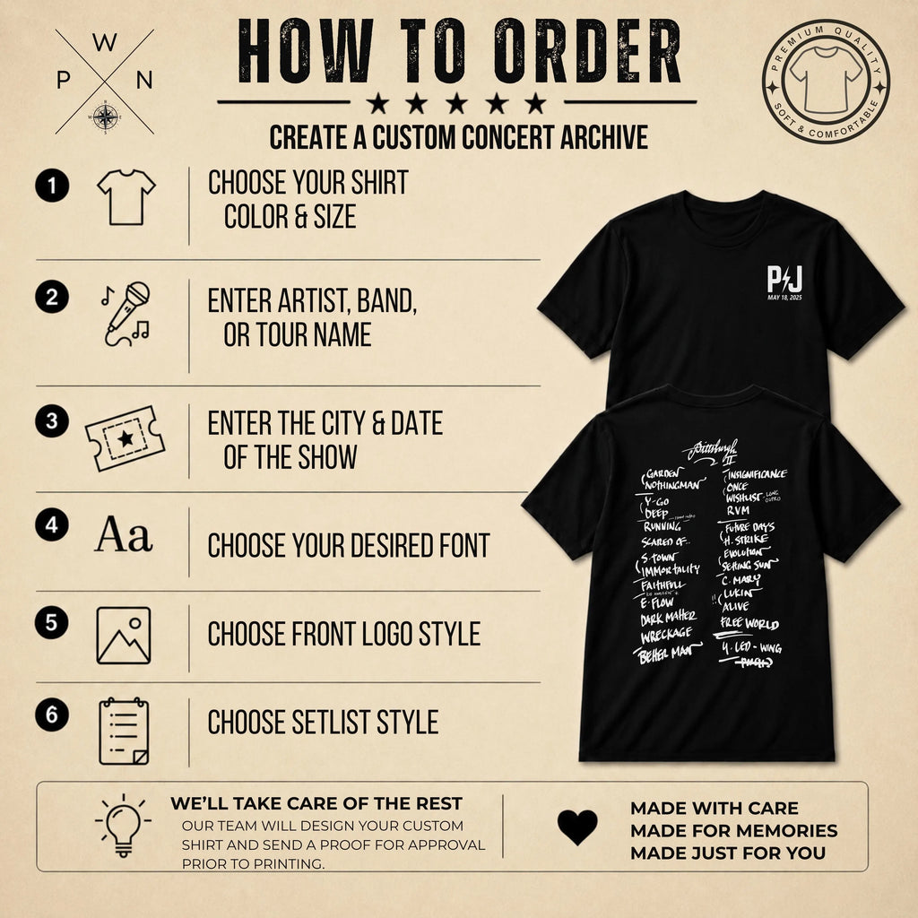How to order a custom concert setlist T-shirt with size, color, artist, date, font, logo and setlist style