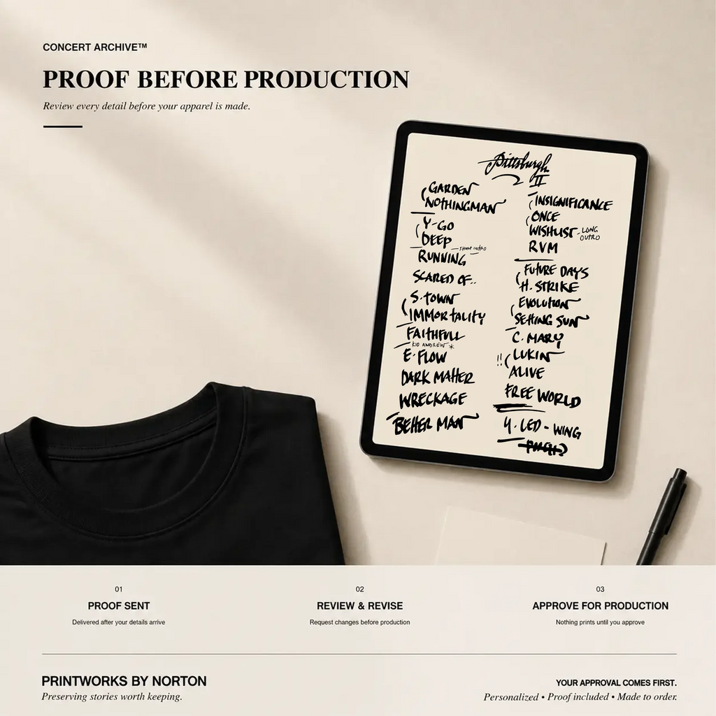 Digital proof before production for a custom concert setlist hoodie
