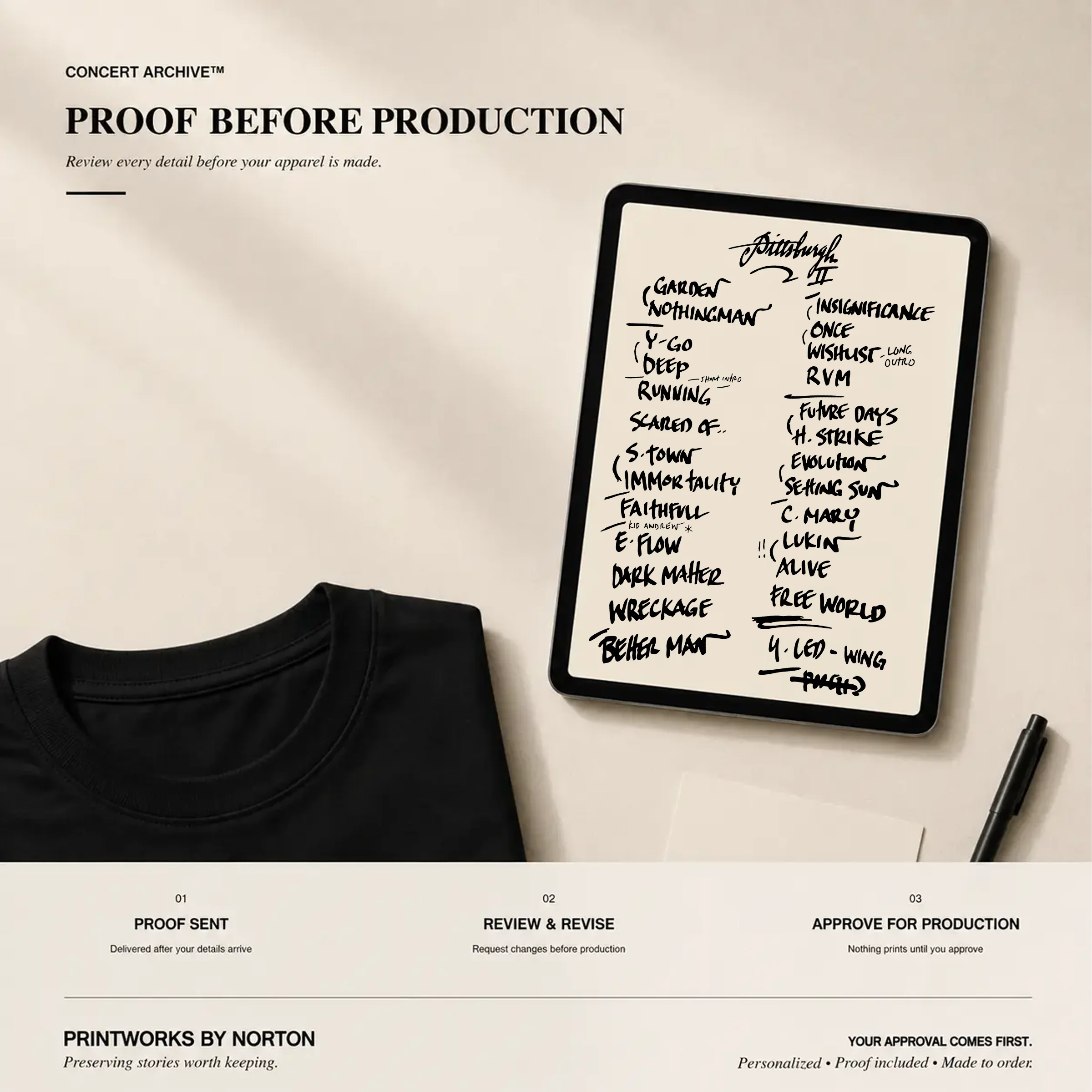 Digital proof before production for a custom concert setlist hoodie