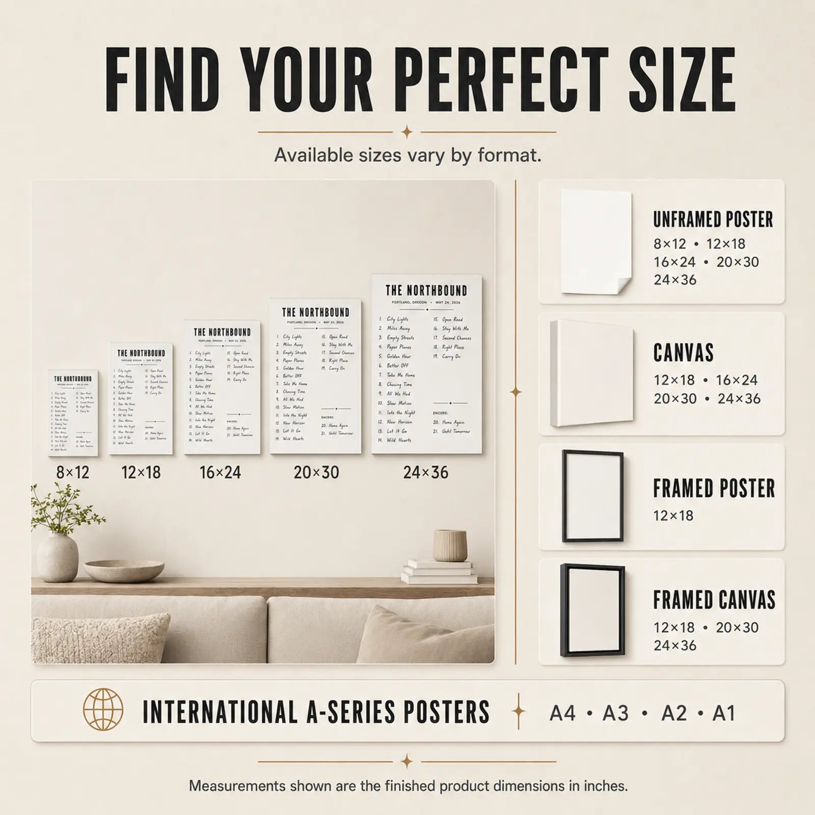 Custom concert setlist wall art size guide for posters canvas framed posters framed canvas and international A-series prints