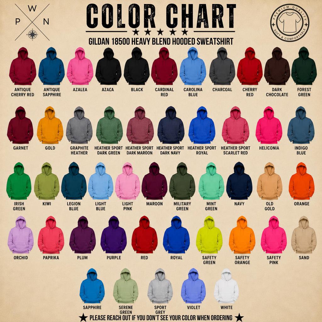Gildan 18500 hoodie color chart for custom concert setlist apparel
