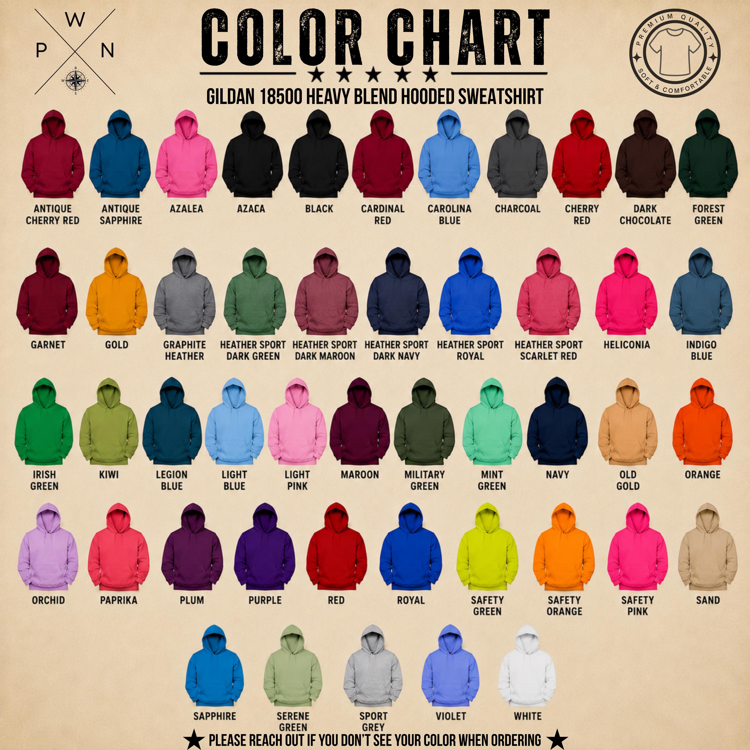 Gildan 18500 hoodie color chart for custom concert setlist apparel