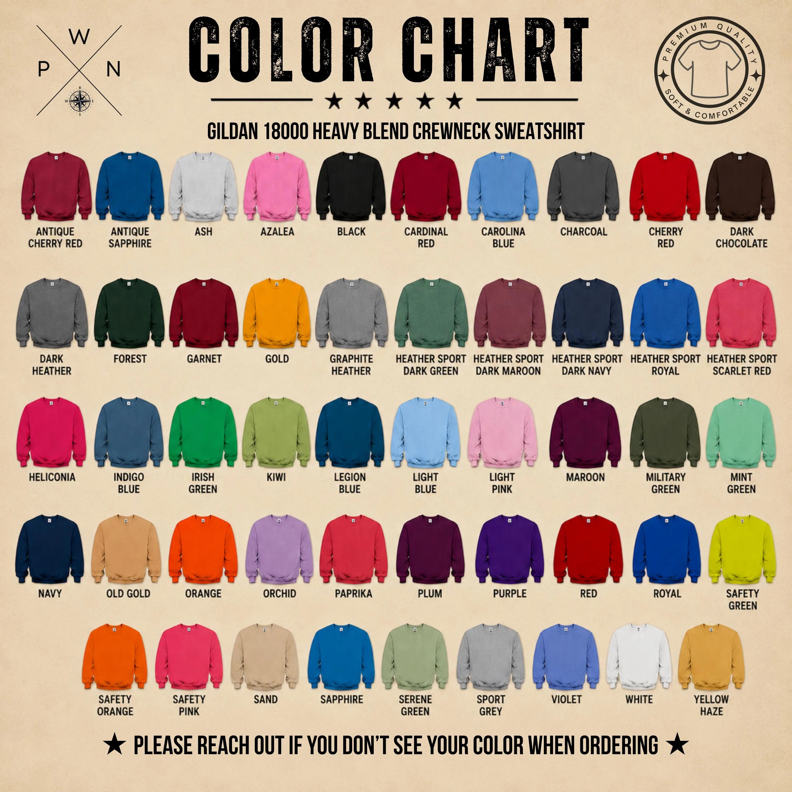 Gildan 18000 sweatshirt color chart for custom concert setlist apparel