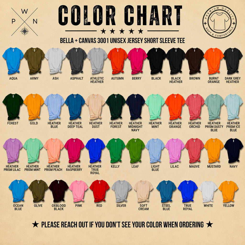 Bella + Canvas 3001 T-shirt color chart for custom concert setlist shirts