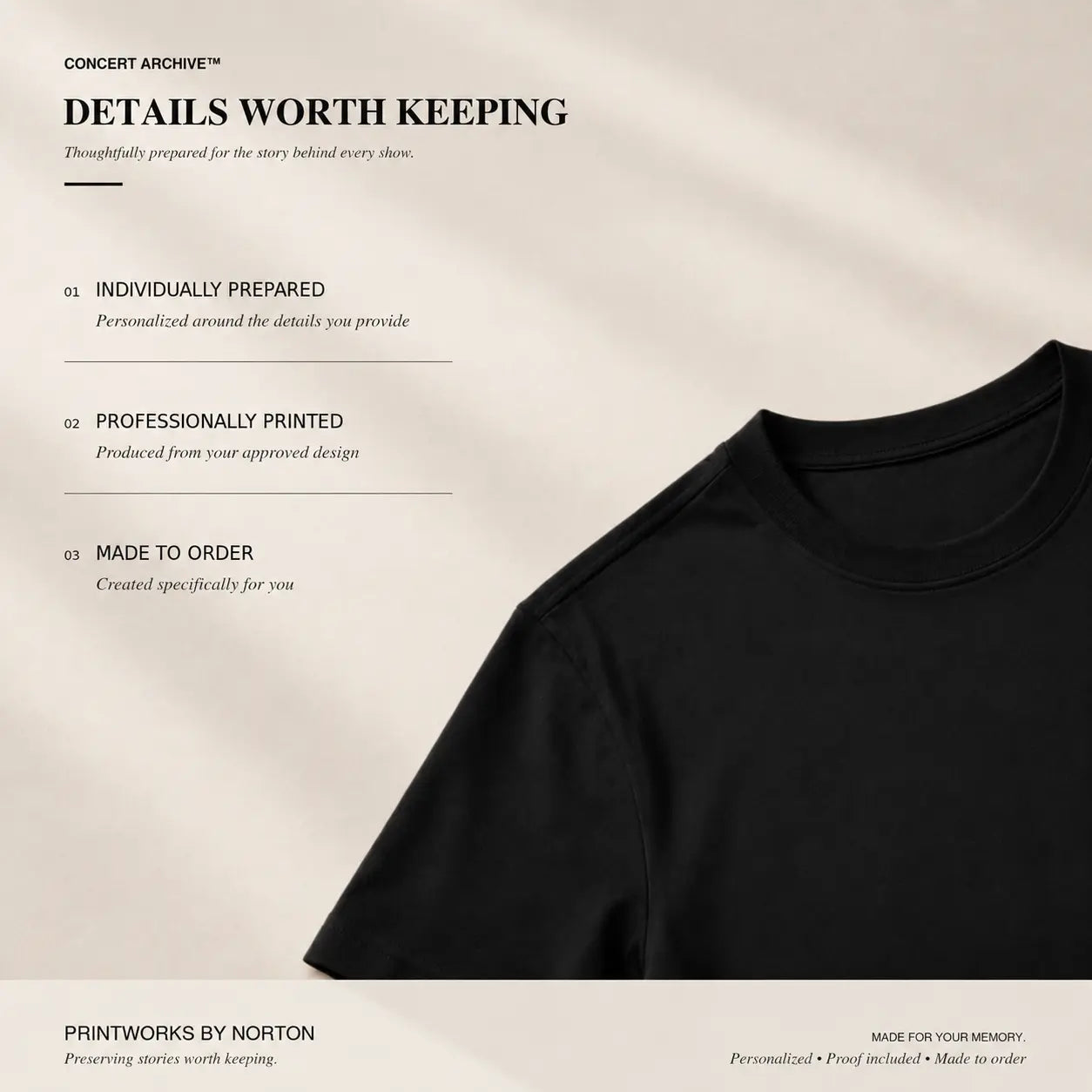 Concert details and optional Archive Notes for a custom setlist hoodie