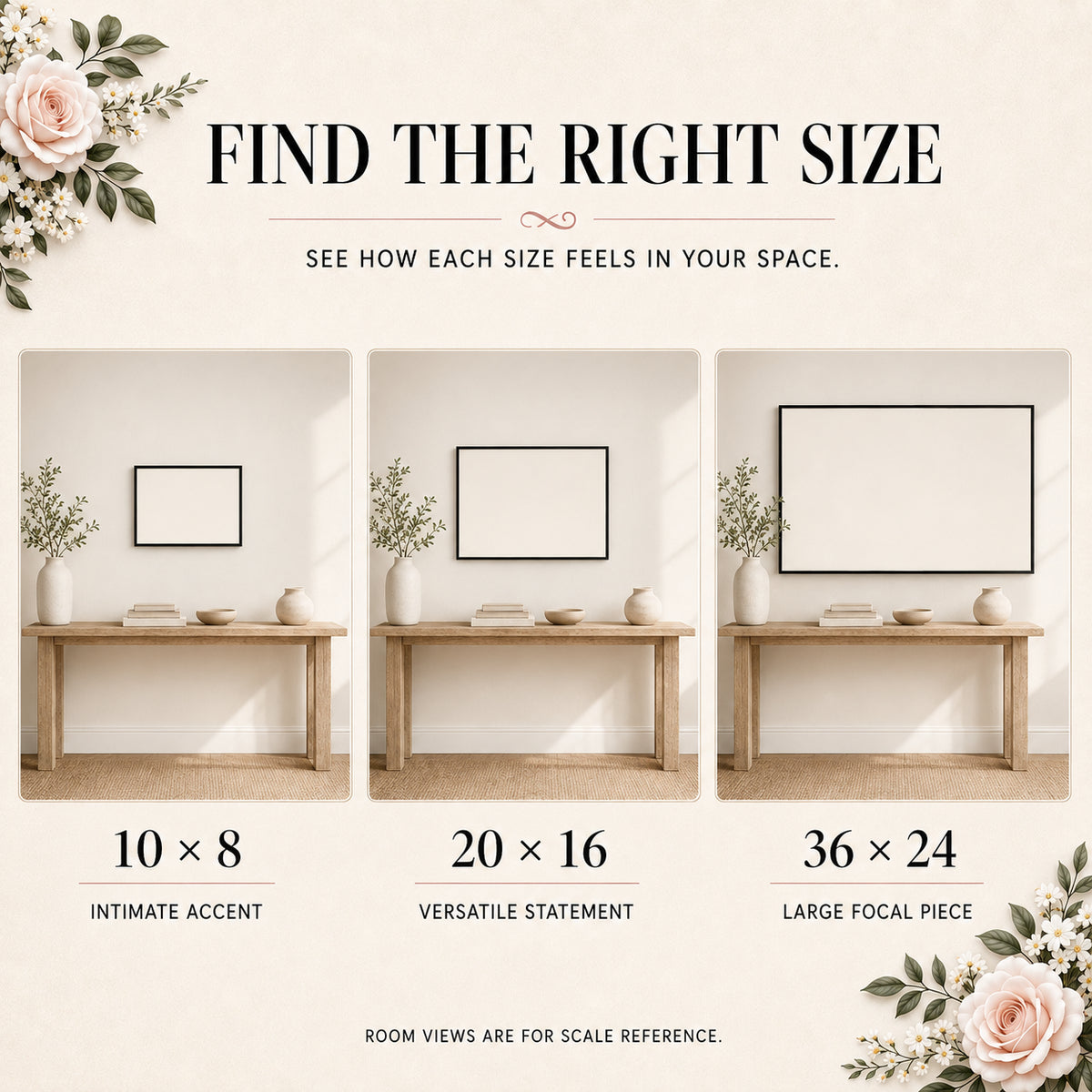 Heart lyric wall art size comparison showing recommended print sizes for different spaces
