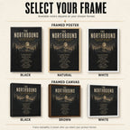 Black natural brown and white frame color options for custom concert setlist wall art.