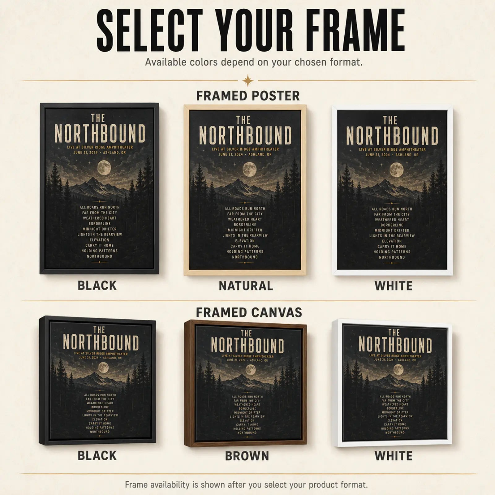 Black natural brown and white frame color options for custom concert setlist wall art.