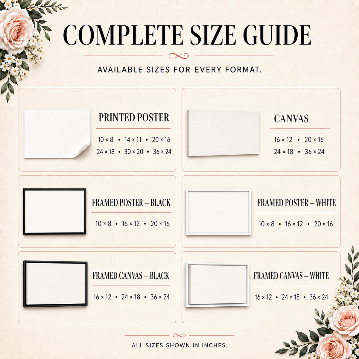 Complete size guide for Heart Lyric posters, framed posters, canvas and framed canvas artwork