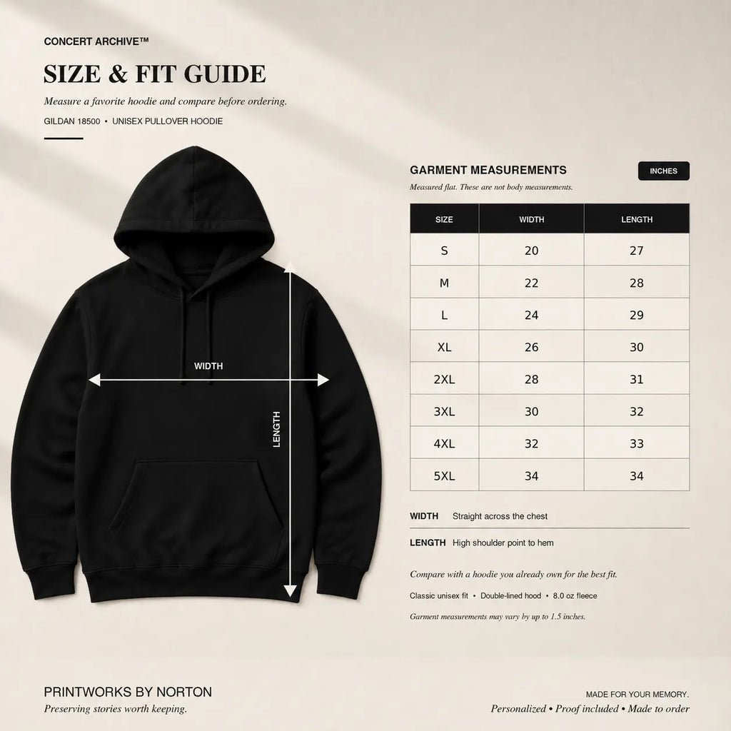 Hoodie size and fit guide for custom concert apparel