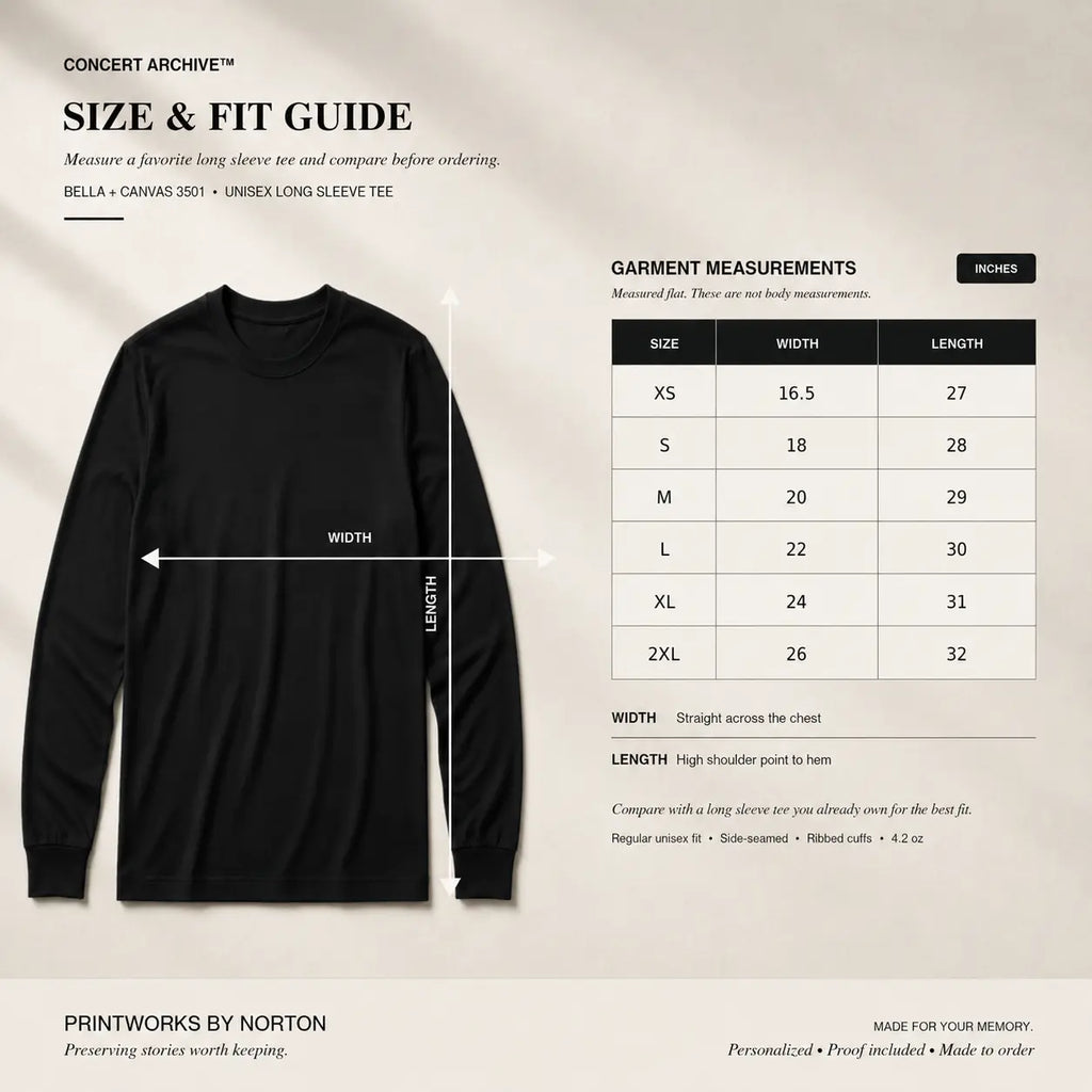 Long sleeve tee size and fit guide for custom concert apparel