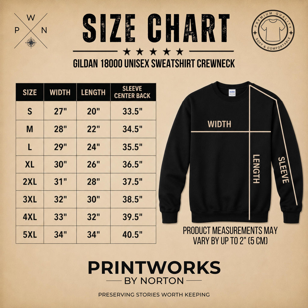Gildan 18000 unisex sweatshirt size chart for custom concert setlist apparel