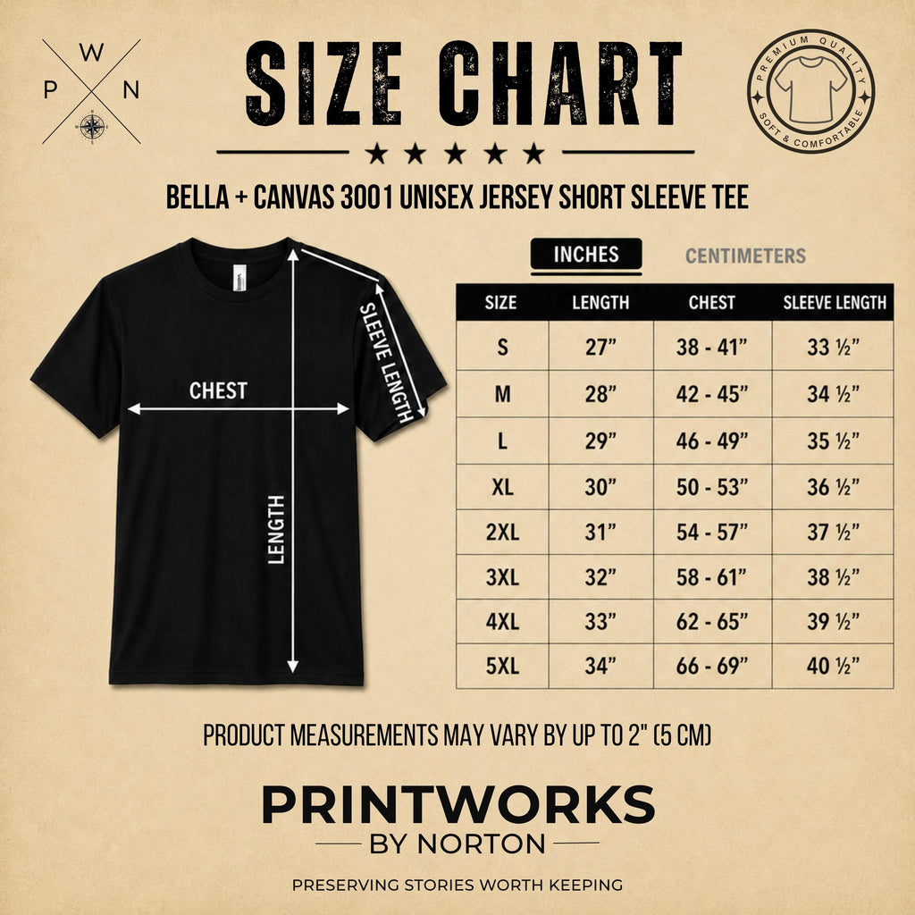 Bella + Canvas 3001 unisex T-shirt size chart for custom concert setlist apparel