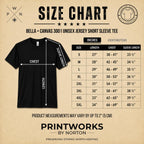 Bella + Canvas 3001 unisex T-shirt size chart for custom concert setlist apparel