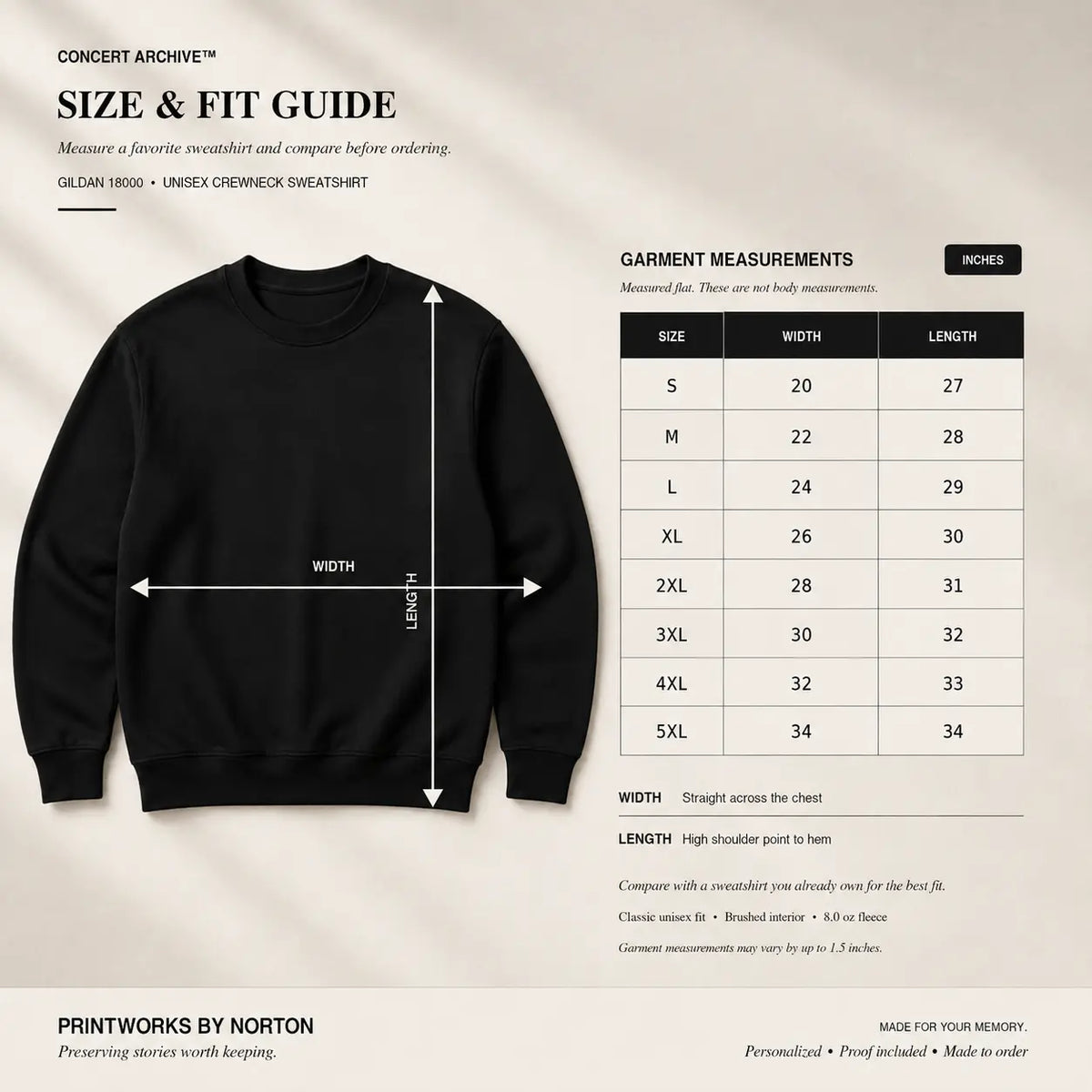 Sweatshirt size and fit guide for custom concert apparel