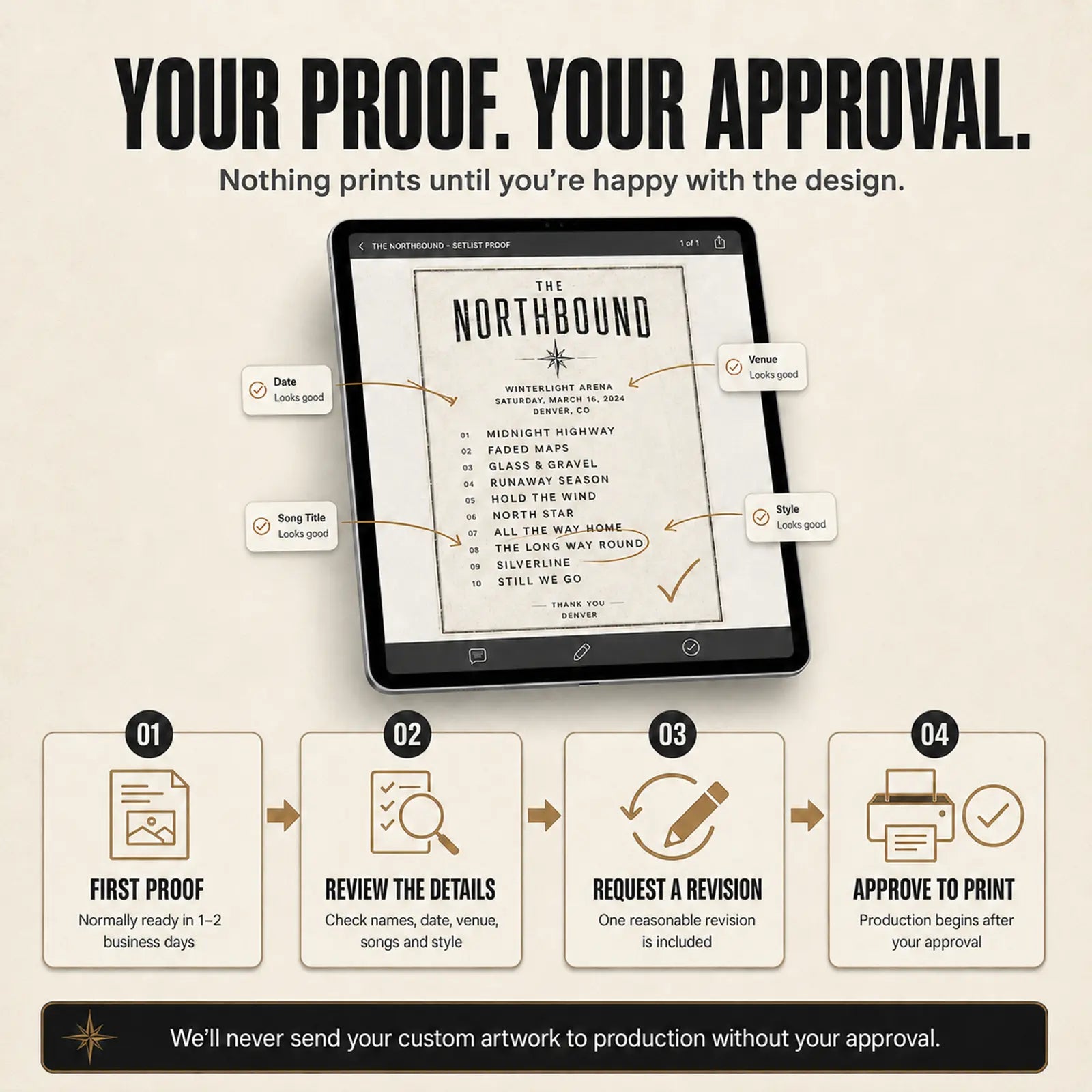 Custom concert setlist digital proof, review, revision and production approval process.