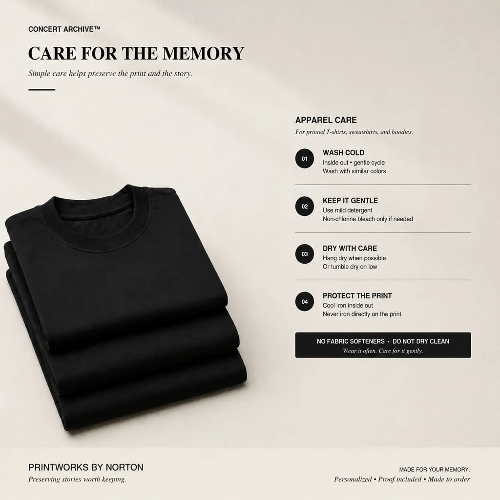 Care instructions for a printed custom concert setlist hoodie