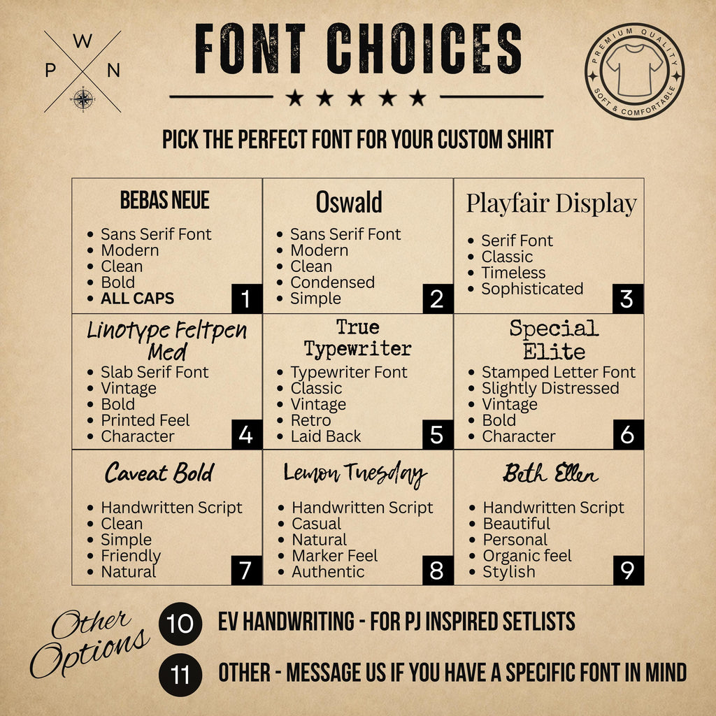 Font choices for personalized concert setlist hoodie designs