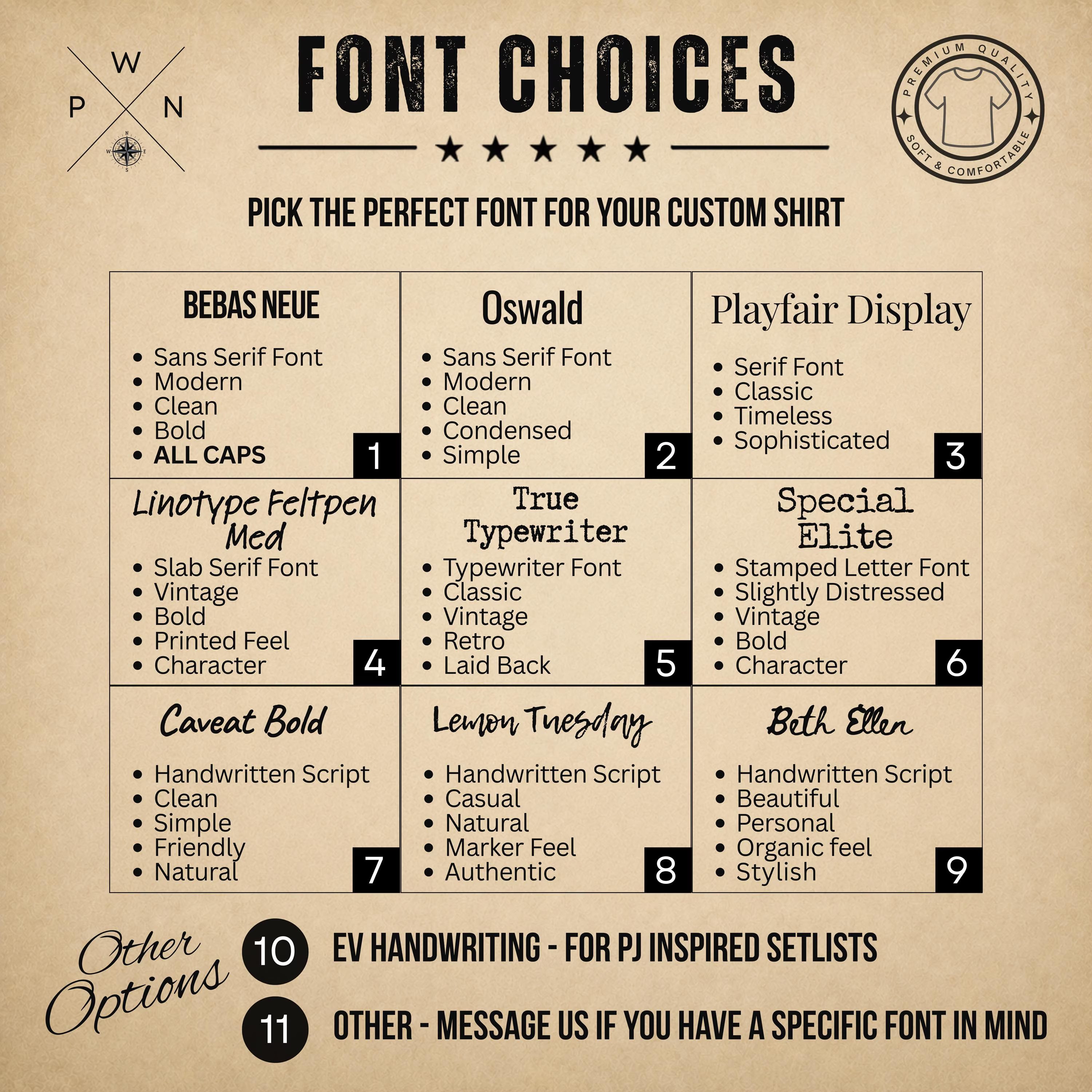 Font choices for personalized concert setlist hoodie designs