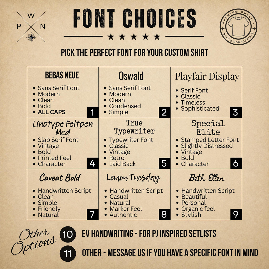 Font choices for personalized concert setlist sweatshirt designs