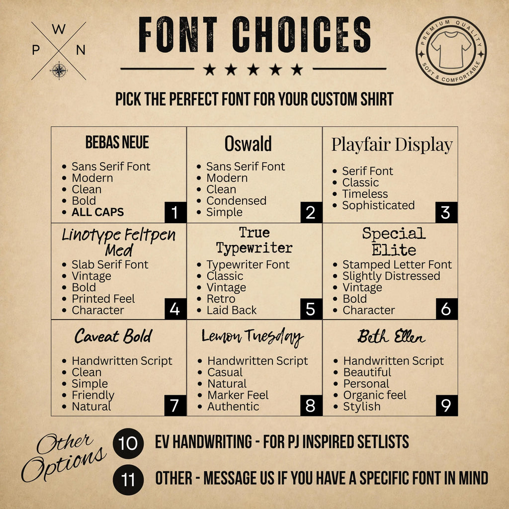 Font choices for personalized concert setlist T-shirt designs