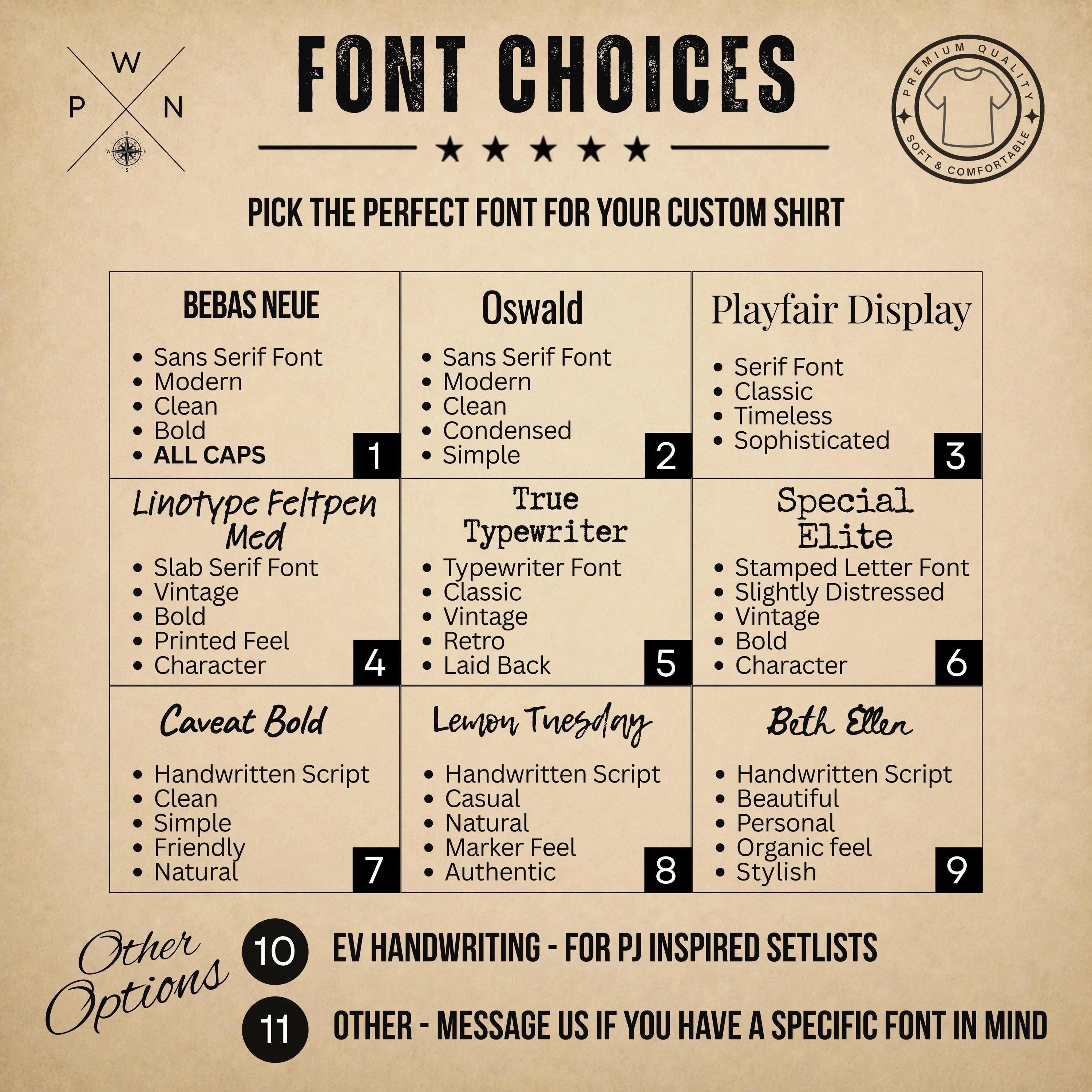 Font choices for personalized concert setlist T-shirt designs