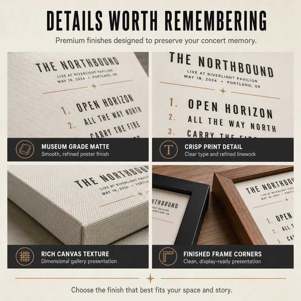 Close-up details of museum-grade matte poster paper, crisp printing, canvas texture and finished frames.