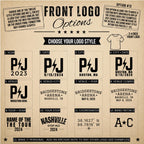 Front logo options for custom concert setlist sweatshirts with city, year, venue and initials