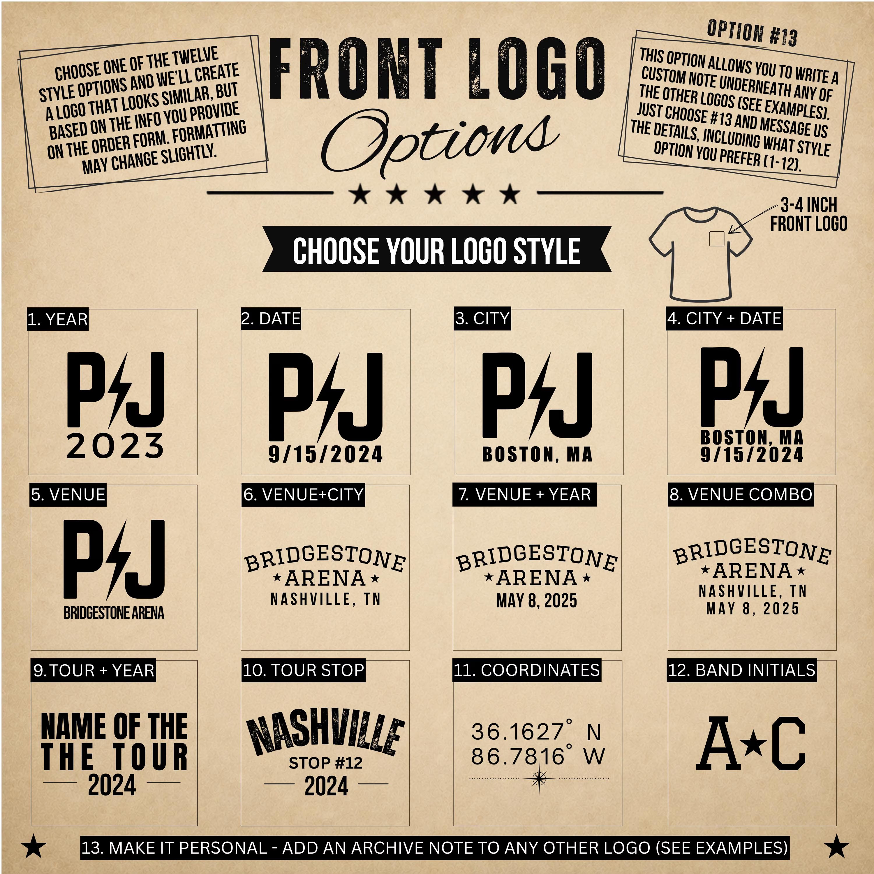 Front logo options for custom concert setlist sweatshirts with city, year, venue and initials