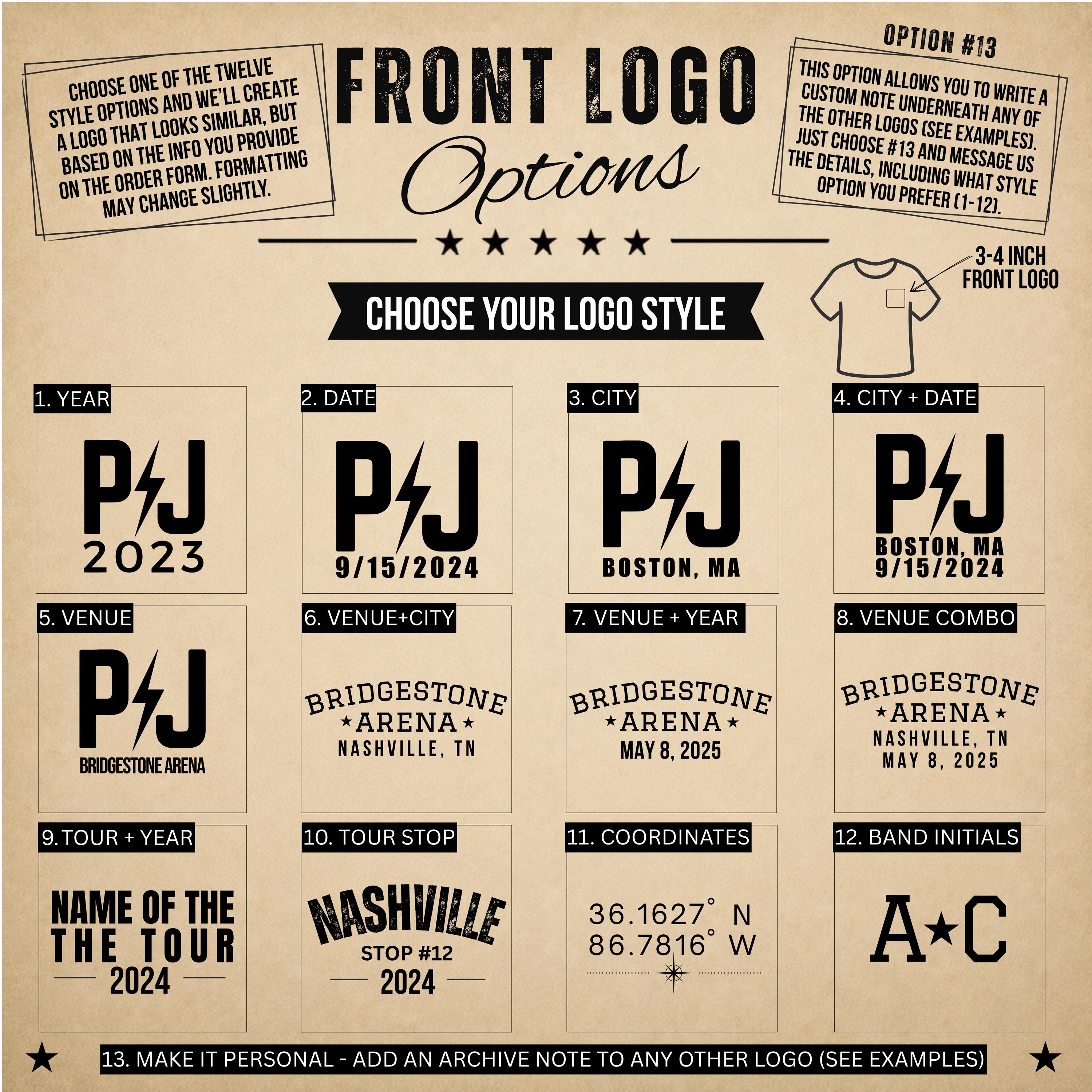 Front logo options for custom concert setlist hoodies with city, year, venue and initials
