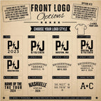 Front logo options for custom concert setlist T-shirts with city, year, venue and initials