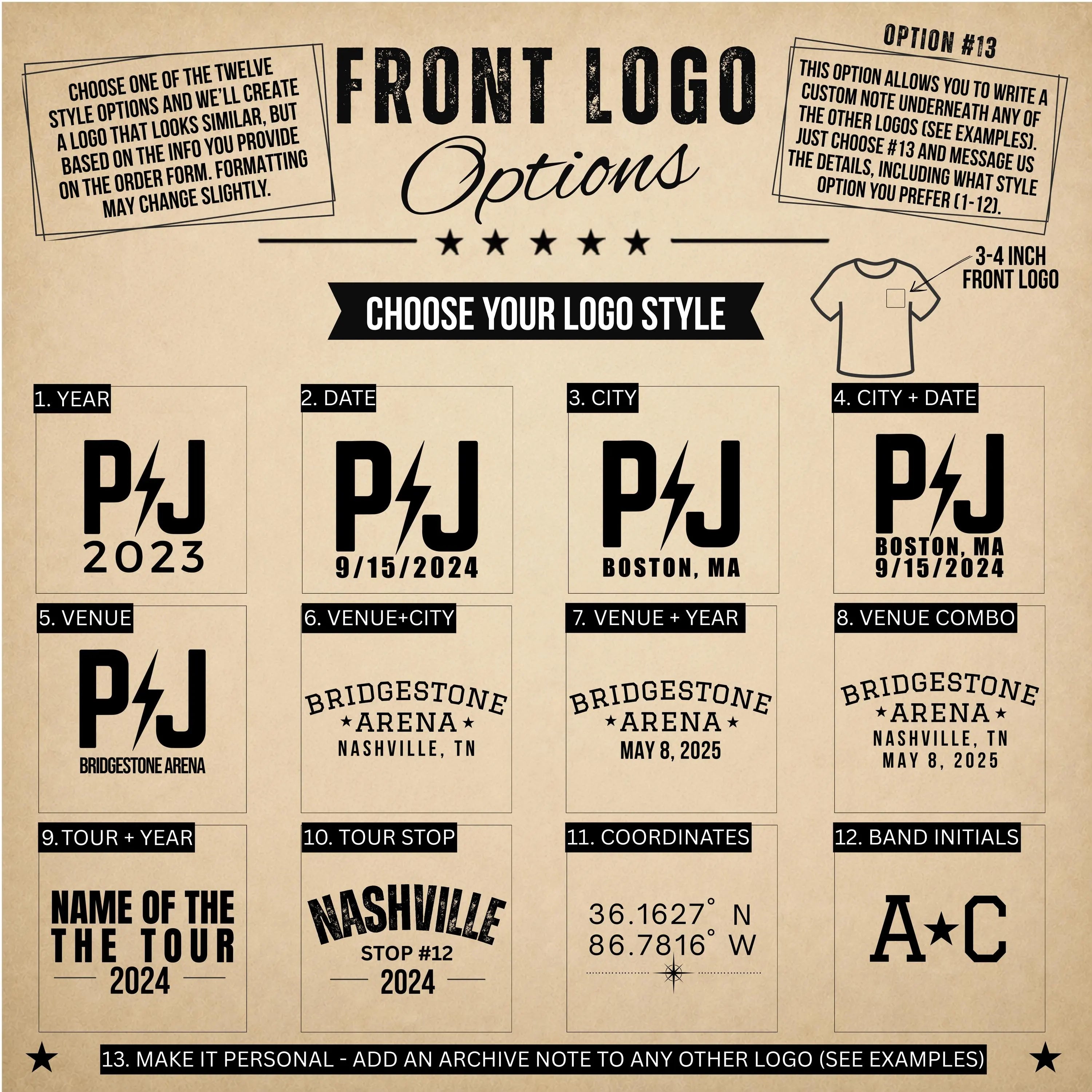Front logo options for custom concert setlist T-shirts with city, year, venue and initials