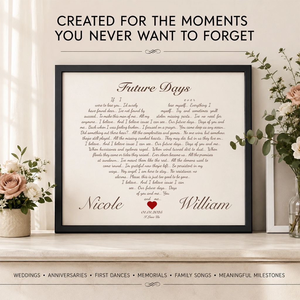 Personalized Heart Lyric wall art for weddings, anniversaries, engagements and meaningful gifts