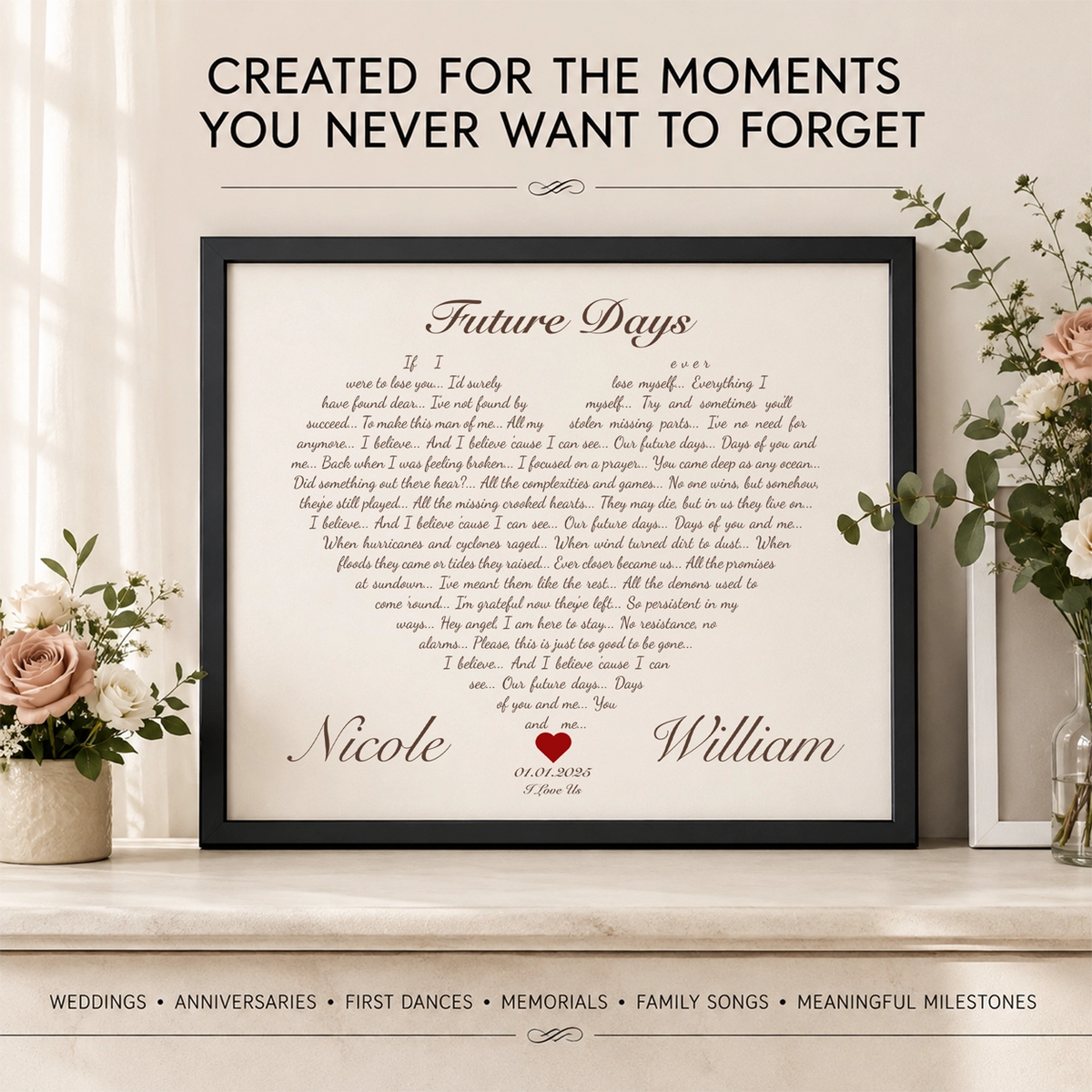 Personalized Heart Lyric wall art for weddings, anniversaries, engagements and meaningful gifts