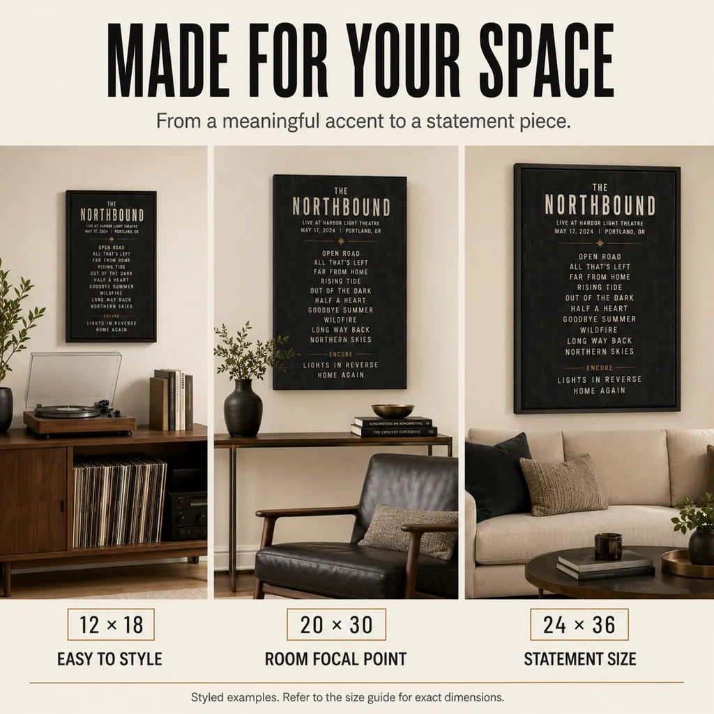 Custom concert setlist wall art displayed as 12 by 18, 20 by 30 and 24 by 36 pieces in premium home interiors.