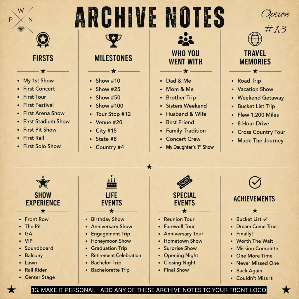 Archive Notes ideas for custom concert shirts including first show, anniversary and show number