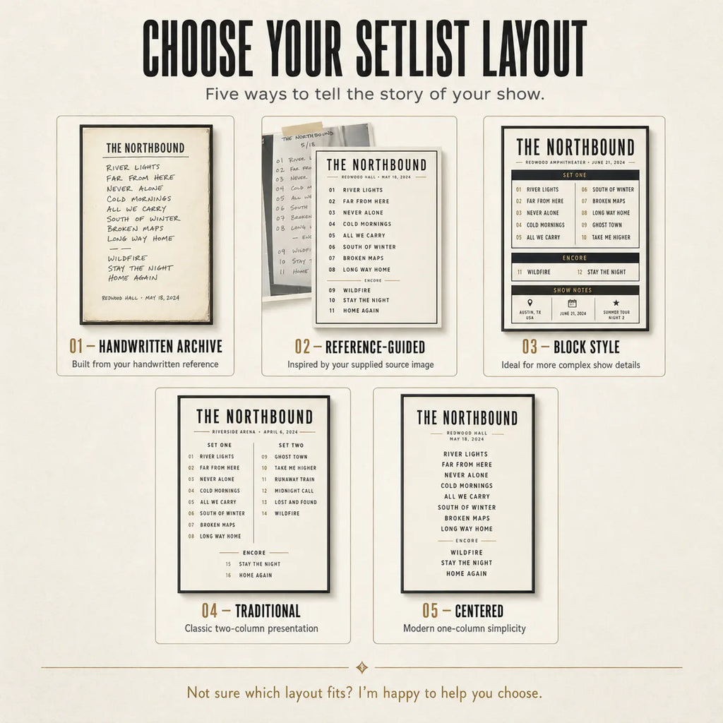 Five custom concert setlist layout options including handwritten, reference-guided, block, traditional and centered styles.