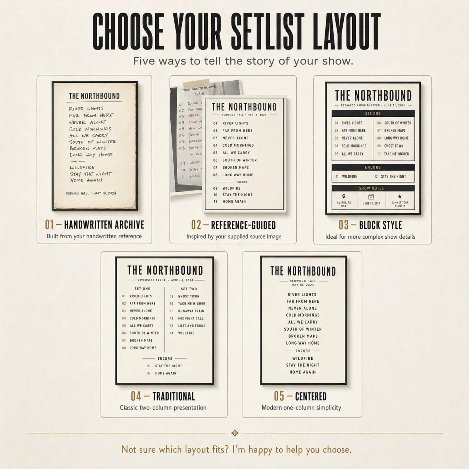 Five custom concert setlist layout options including handwritten, reference-guided, block, traditional and centered styles.