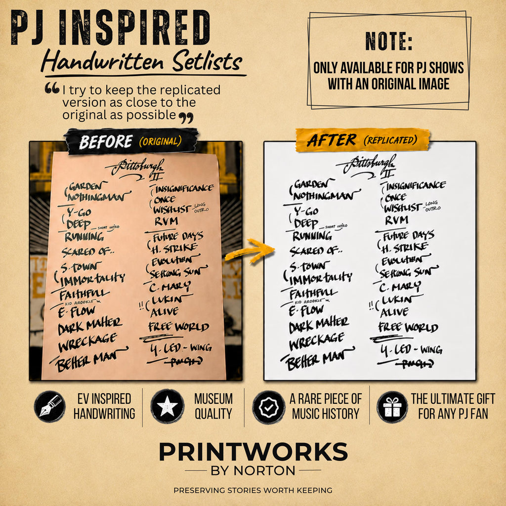 Pearl Jam-inspired handwritten setlist style option for eligible custom concert sweatshirts