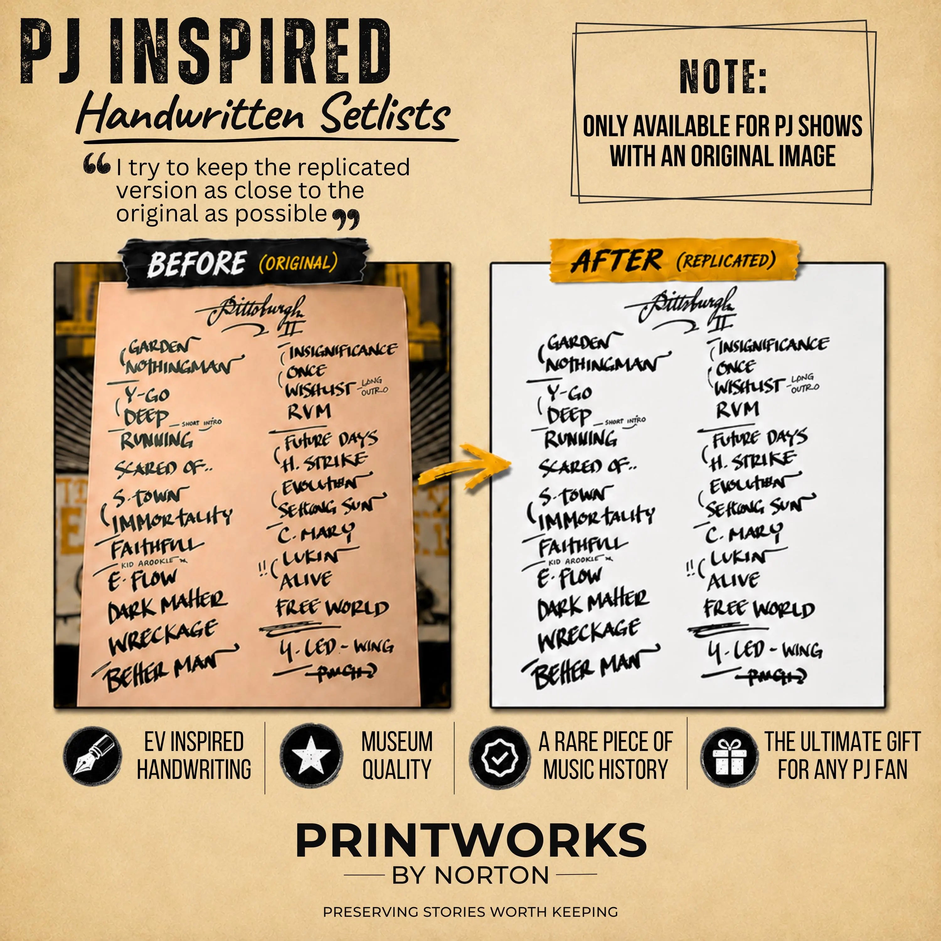 Pearl Jam-inspired handwritten setlist style option for eligible custom concert T-shirts