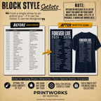 Block Style custom setlist layout for tours, festivals and multi-night concert sweatshirts