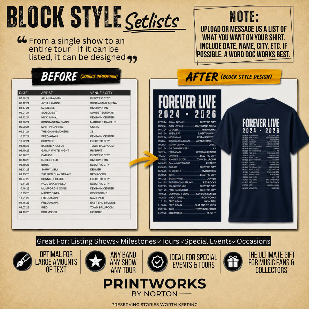 Block Style custom setlist layout for tours, festivals and multi-night concert shirts